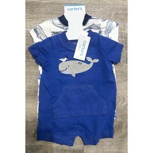 NEW Carter's Boys‎ Baby 2 Pack Cotton Romper Set Whale Blue/White 3 Months